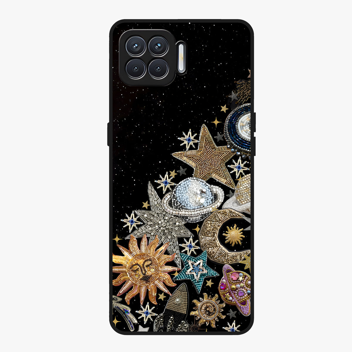 Cosmic Sparkle Dreams Glass Case showing flat back view with sparkling cosmic artwork and glossy glass finish.