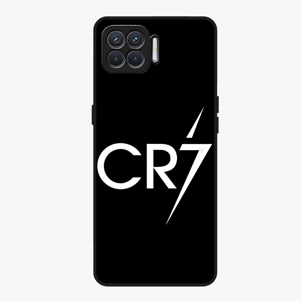 Cr7 Elite Strike Glass Case showing flat back view with dynamic football inspired artwork and glossy glass finish.