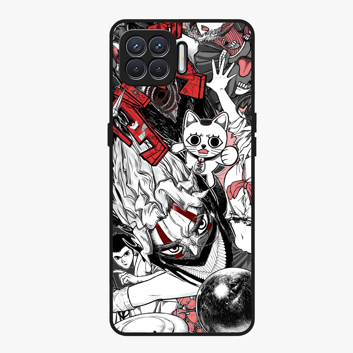 Crimson Chaos Panel Glass Case showing flat back view with bold crimson abstract artwork and glossy glass finish.