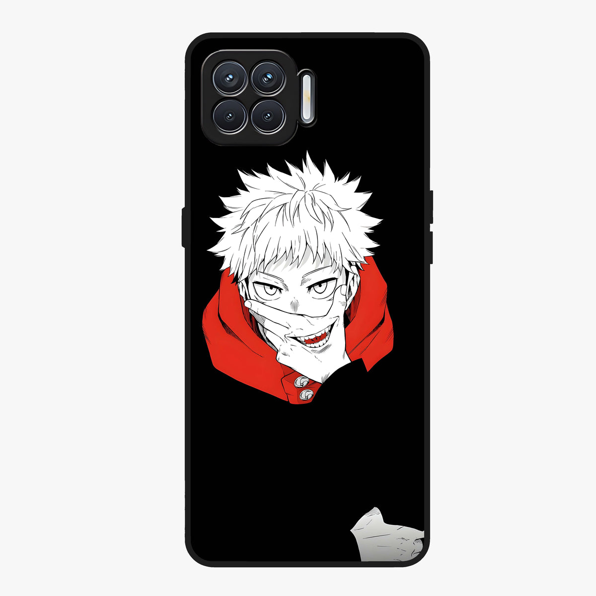 Crimson Chaos Smile Glass Case showing flat back view with bold chaotic smile artwork and glossy glass finish.