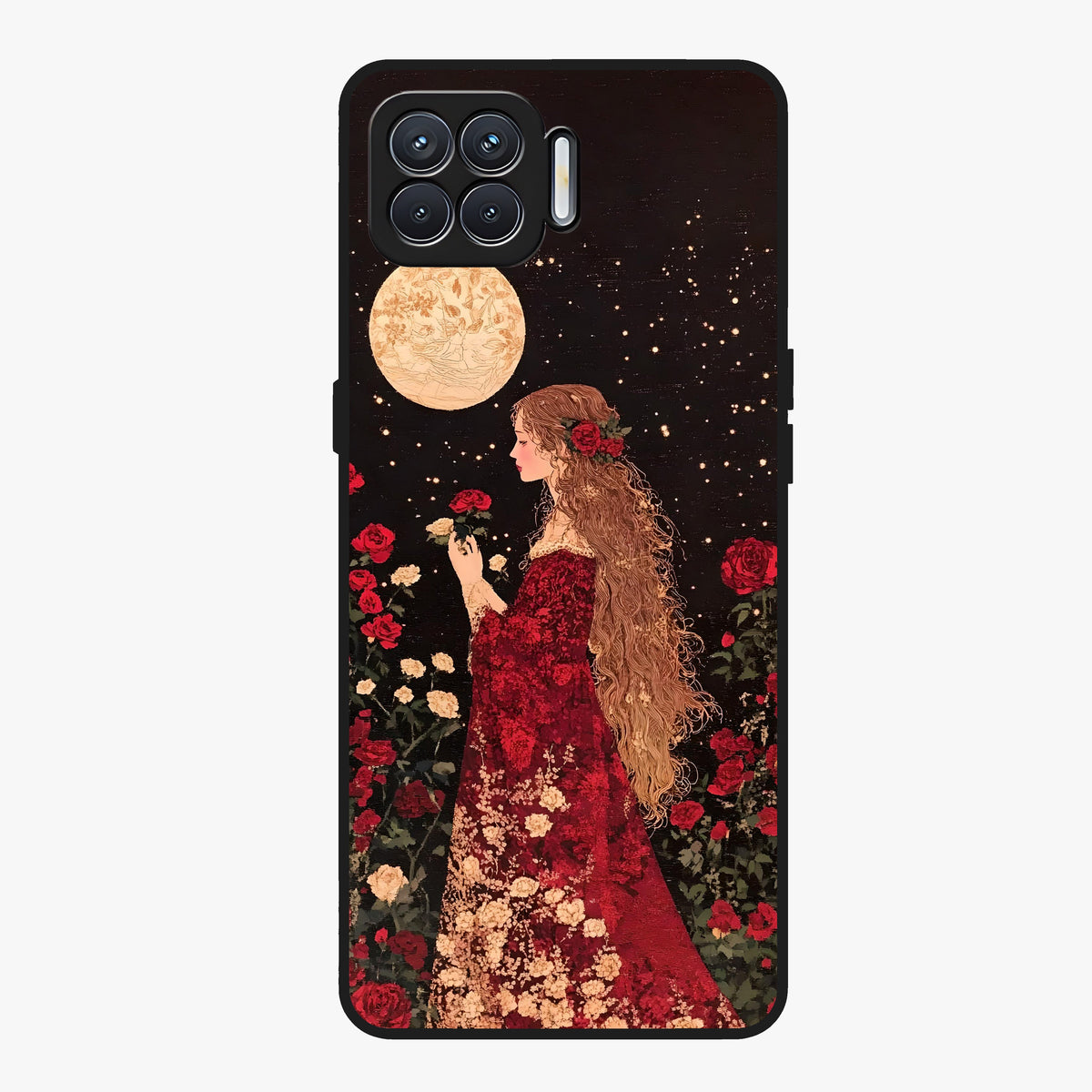 Crimson Dreams Glass Case showing flat back view with dreamy crimson artwork and glossy glass finish.