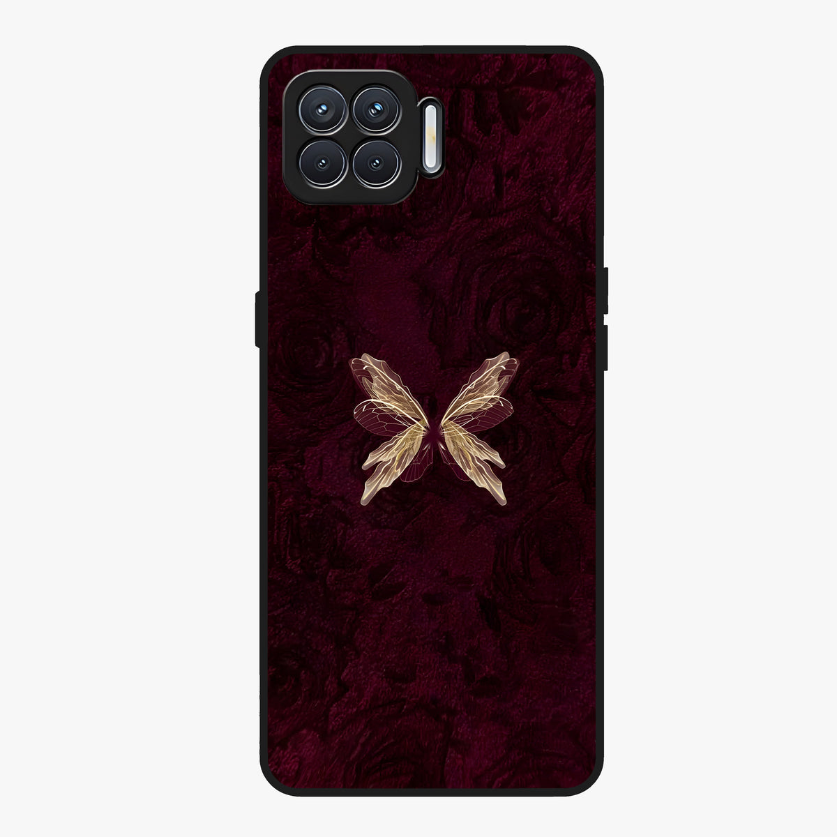 Crimson Fade Butterfly Glass Case showing flat back view with fading butterfly artwork and glossy glass finish.