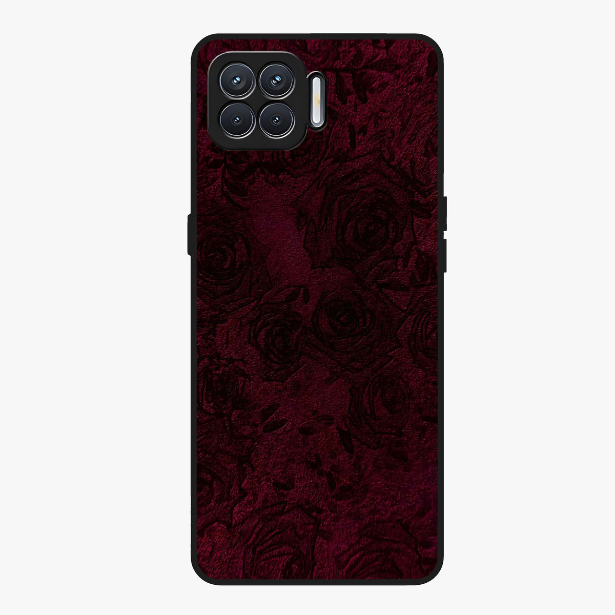 Crimson Fade Flow Glass Case showing flat back view with flowing crimson gradient artwork and glossy glass finish.
