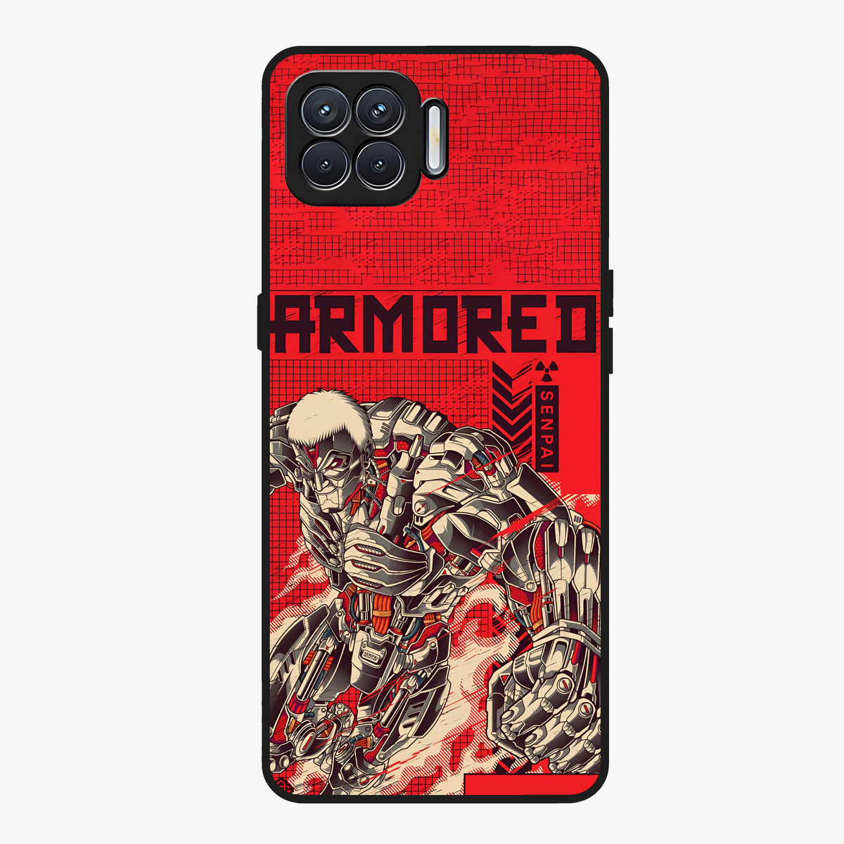 Crimson Mecha Titan Glass Case showing flat back view with powerful mech titan artwork and glossy glass finish.