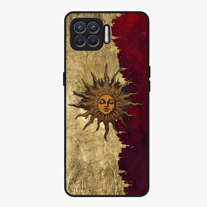 Crimson Sun Majesty Glass Case showing flat back view with radiant sun inspired artwork and glossy glass finish.