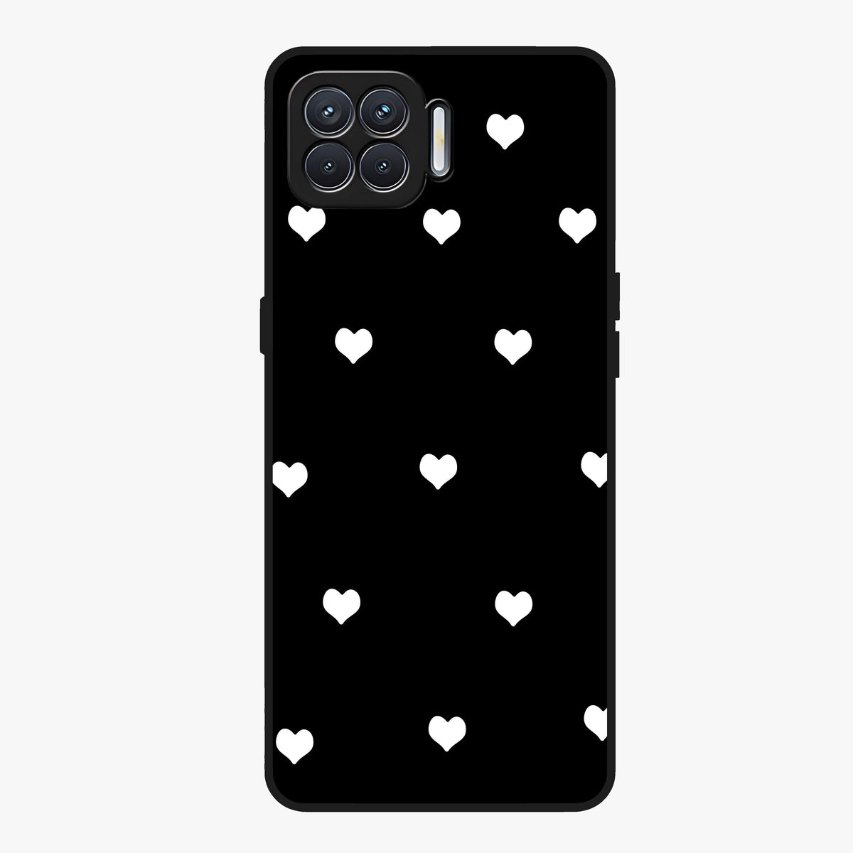 Cute And Simple White Hearts Glass Case showing flat back view with minimal white heart pattern and glossy glass finish.