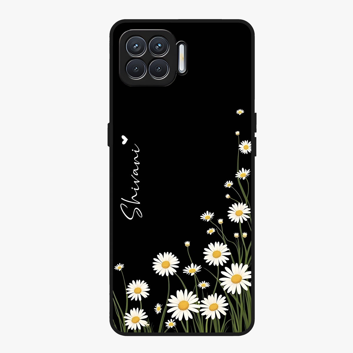 Daisy Cascade Custom Name Glass Case showing flat back view with cascading daisy flowers and personalized name design.