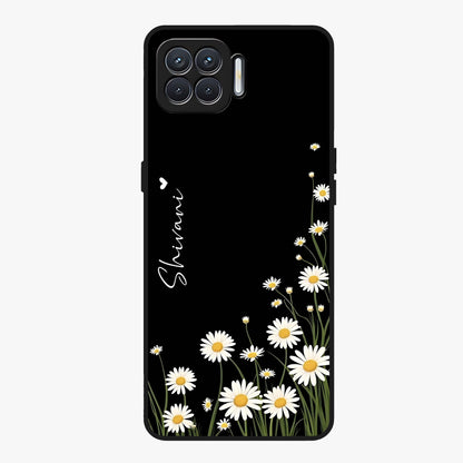 Daisy Cascade Custom Name Glass Case showing flat back view with cascading daisy flowers and personalized name design.