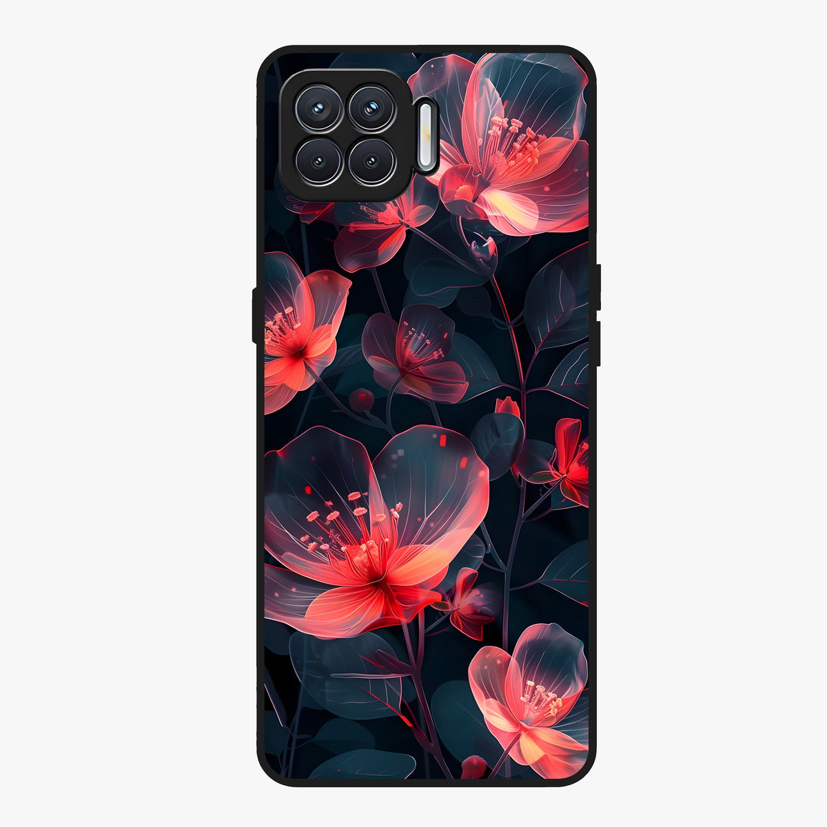 Dark Shade of Flower Glass Case showing flat back view with elegant dark floral artwork and glossy glass finish.