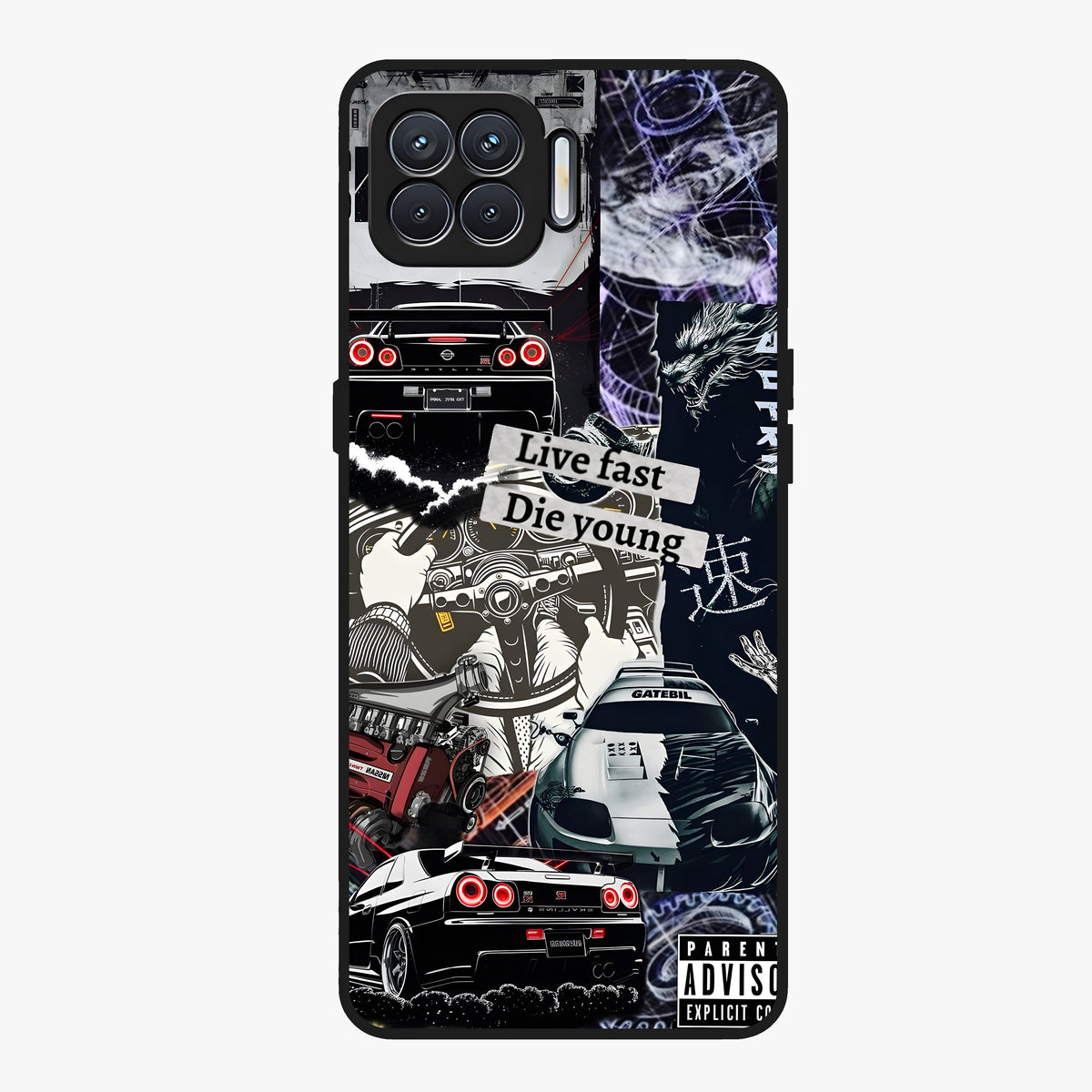 Die Young Glass Case showing flat back view with bold artistic typography design and glossy glass finish.