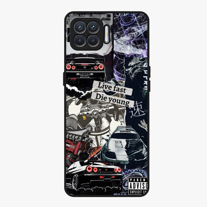 Die Young Glass Case showing flat back view with bold artistic typography design and glossy glass finish.