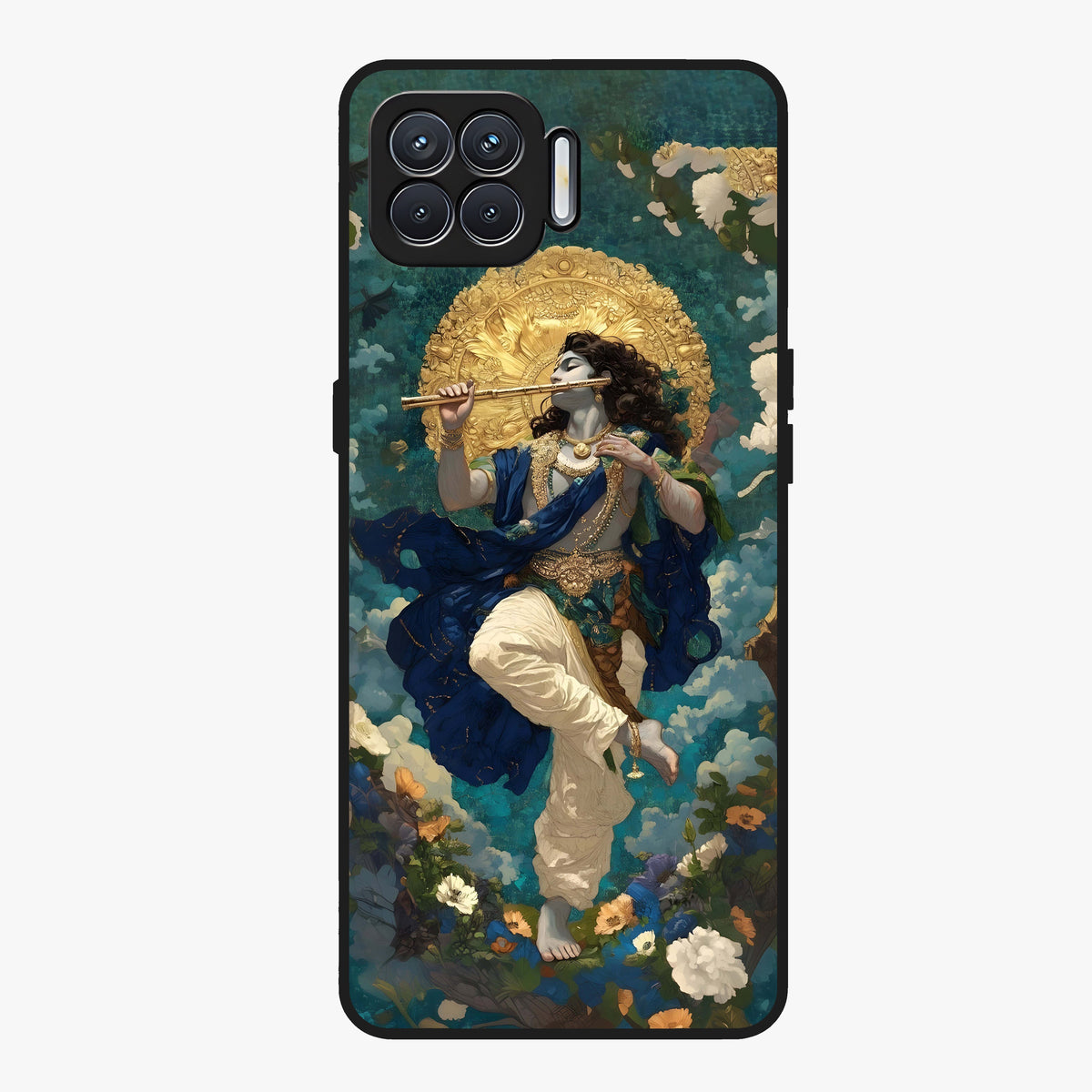 Divine Krishna Art Glass Case showing flat back view with Lord Krishna artwork and glossy glass finish.