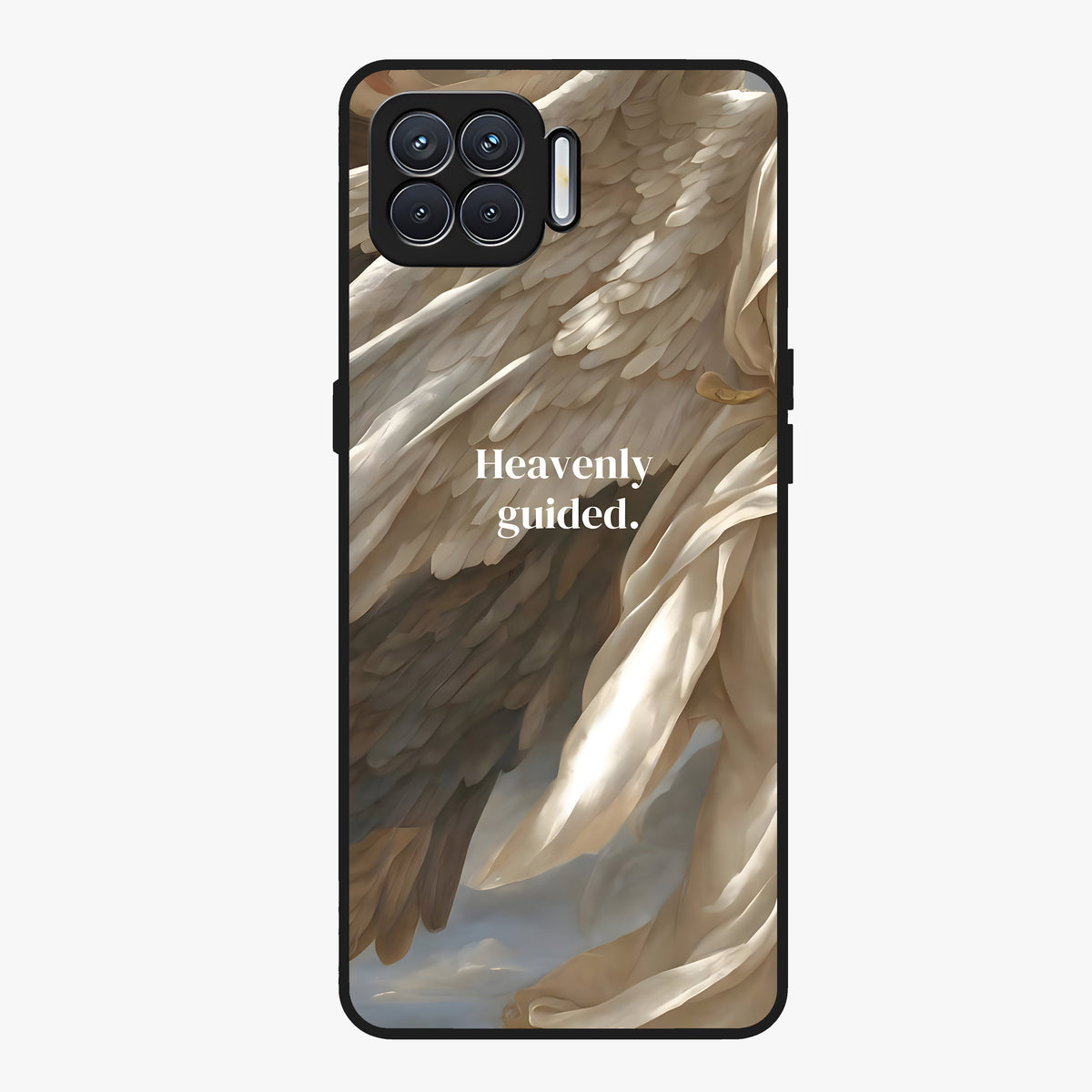 Divine Winged Grace Glass Case showing flat back view with elegant wing inspired artwork and glossy glass finish.