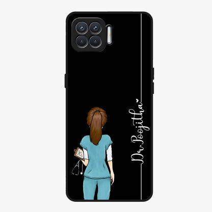 Doctor Pattern Custom Name Glass Case showing flat back view with medical themed pattern and personalized name design.