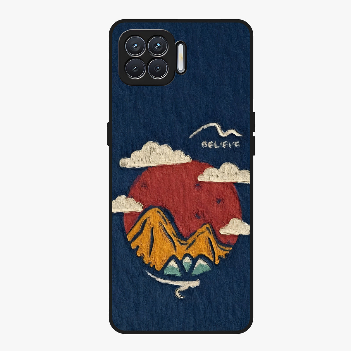 Dream Beyond Mountains Glass Case showing flat back view with scenic mountain landscape artwork and glossy glass finish.