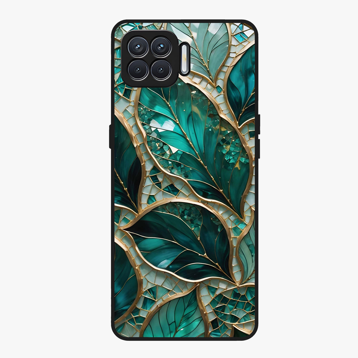 Emerald Leaf Glass Glass Case showing flat back view with emerald green leaf artwork and glossy glass finish.