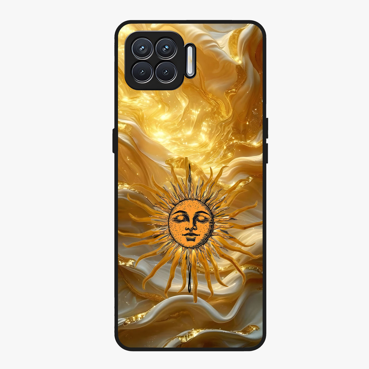 Eternal Golden Glow Glass Case showing flat back view with radiant golden themed artwork and glossy glass finish.