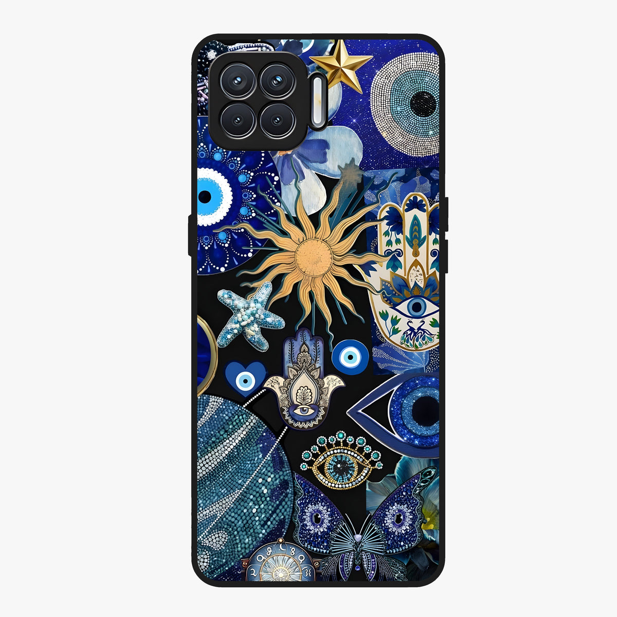 Evil Eye Charm Mix Glass Case showing flat back view with multiple evil eye charms artwork and glossy glass finish.