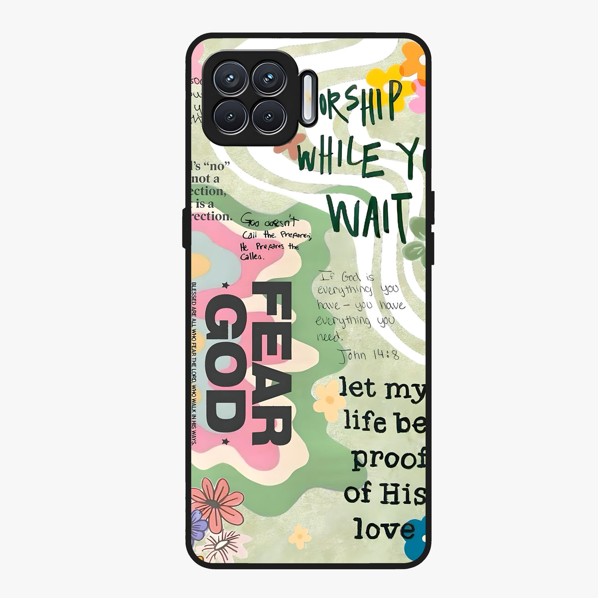 Faith Over Fear Glass Case showing flat back view with motivational typography artwork and glossy glass finish.