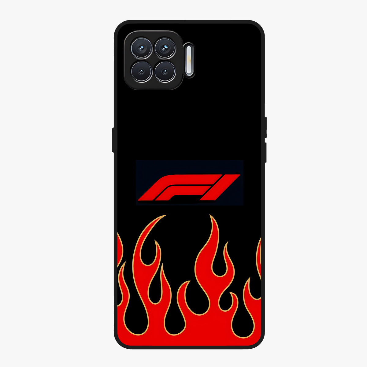 Fire F11 Glass Case showing flat back view with fiery themed artwork and glossy glass finish.