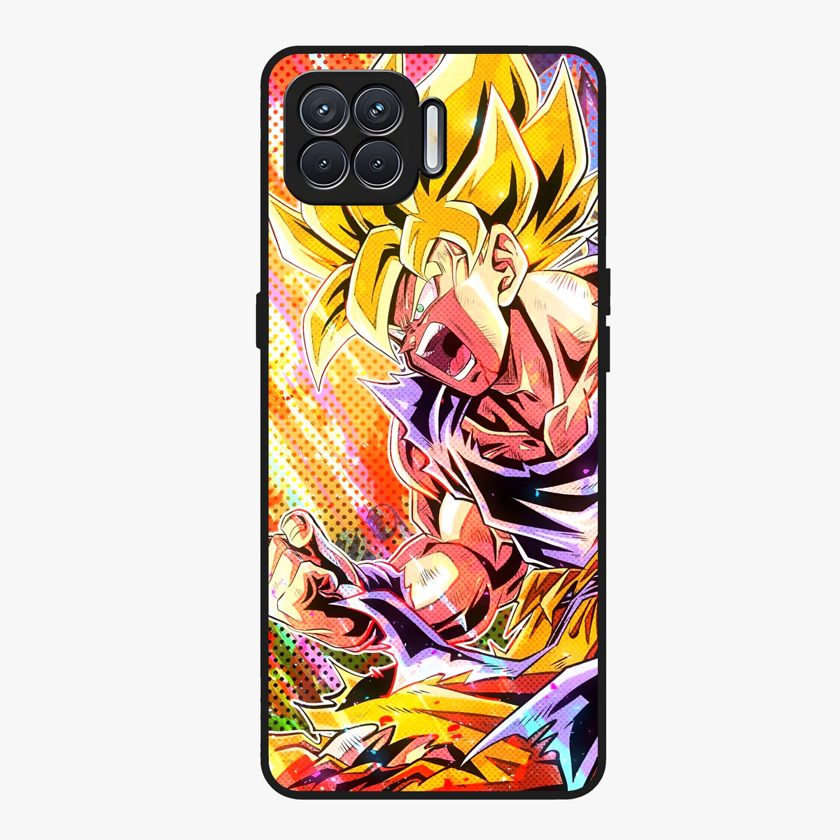Firing Goku Glass Case showing flat back view with powerful anime inspired artwork and glossy glass finish.