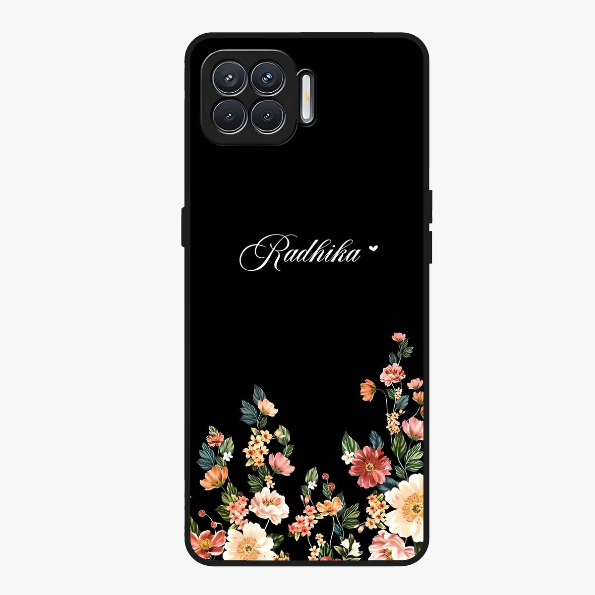 Floral Design With a Custom Personalized Name Glass Case showing flat back view with floral artwork and personalized name design.