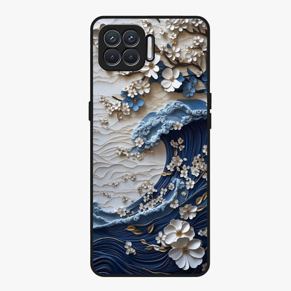 Floral Wave Origami Glass Case showing flat back view with origami inspired floral wave artwork and glossy glass finish.