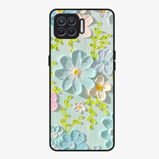 Frosted Petal Garden Glass Case showing flat back view with soft frosted floral artwork and glossy glass finish.