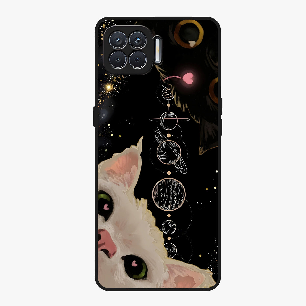 Galactic Cat Glass Case showing flat back view with cosmic cat artwork and glossy glass finish.