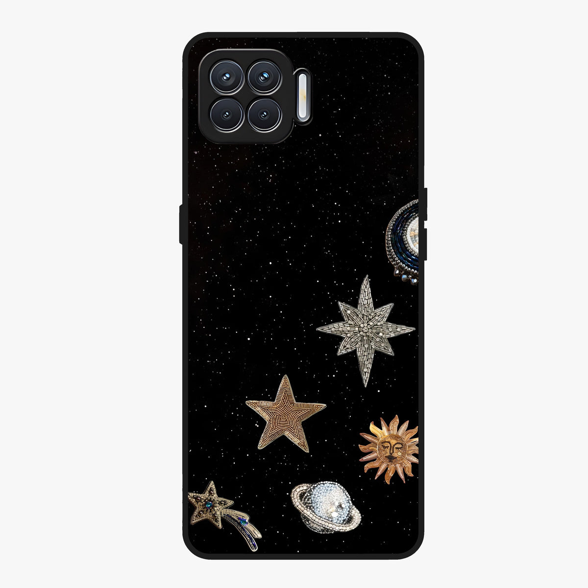 Galactic Charm Glow Glass Case showing flat back view with glowing celestial charm artwork and glossy glass finish.