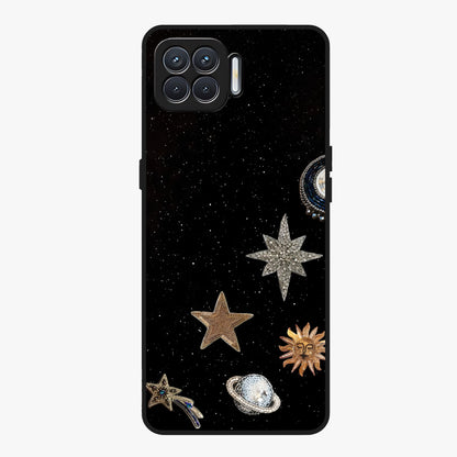 Galactic Charm Glow Glass Case showing flat back view with glowing celestial charm artwork and glossy glass finish.
