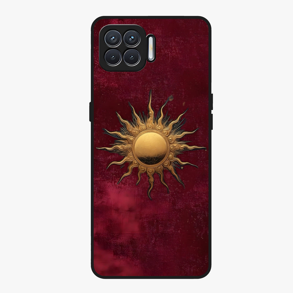 Gold Sun Blush Glass Case showing flat back view with golden sun inspired artwork and glossy glass finish.
