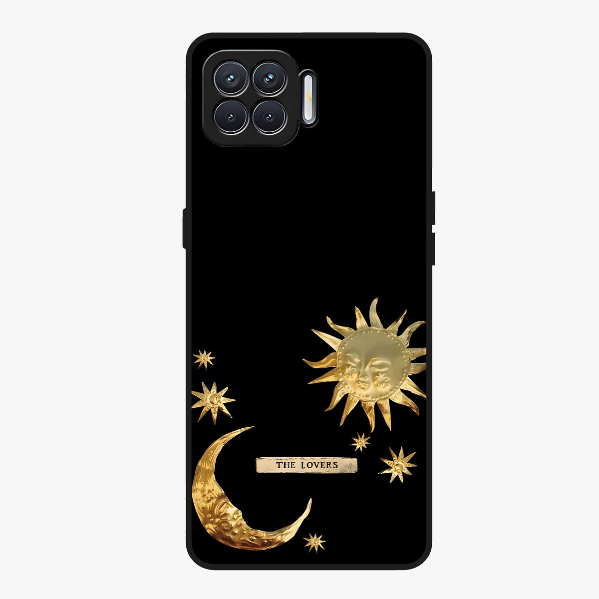 Golden Celestial Charm Glass Case showing flat back view with golden celestial charm artwork and glossy glass finish.
