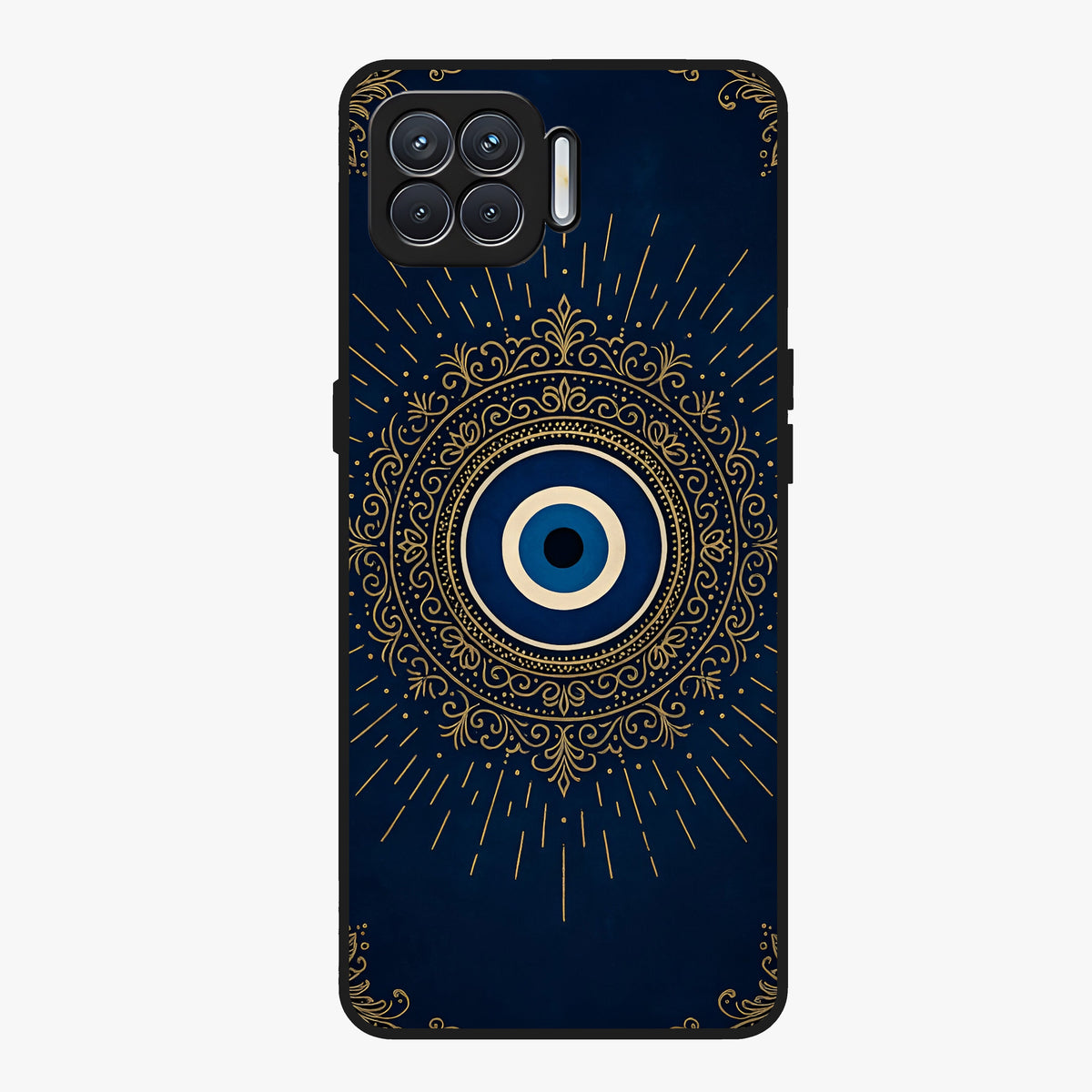 Golden Evil Eye Mandala Glass Case showing flat back view with intricate evil eye mandala artwork and glossy glass finish.