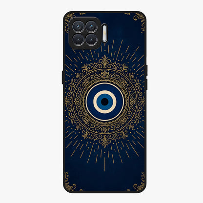 Golden Evil Eye Mandala Glass Case showing flat back view with intricate evil eye mandala artwork and glossy glass finish.