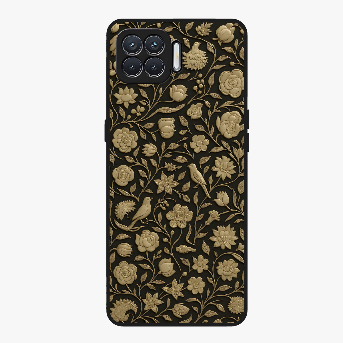 Golden Floral Majesty Glass Case showing flat back view with luxurious golden floral artwork and glossy glass finish.