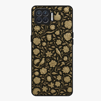 Golden Floral Majesty Glass Case showing flat back view with luxurious golden floral artwork and glossy glass finish.