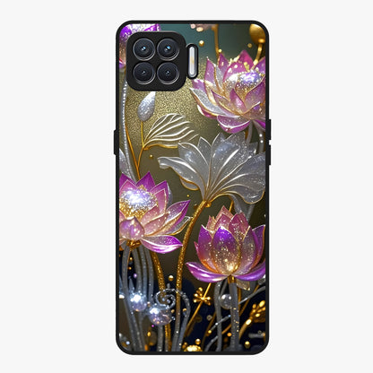 Golden Lotus Glow Glass Case showing flat back view with glowing lotus flower artwork and glossy glass finish.