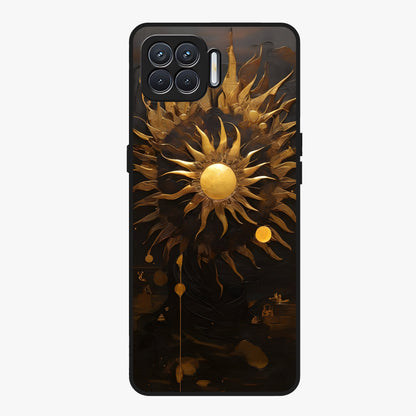 Golden Sun Majesty Glass Case showing flat back view with radiant golden sun artwork and glossy glass finish.