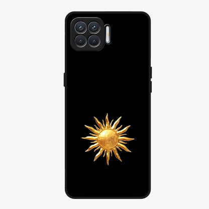 Golden Sun Minimalism Glass Case showing flat back view with minimal golden sun artwork and glossy glass finish.