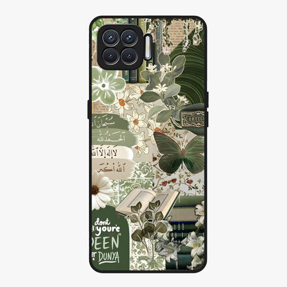 Green Islamic Books Quotes Glass Case showing flat back view with Islamic quotes and book themed artwork and glossy glass finish.