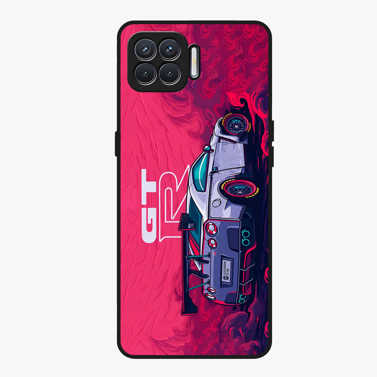 GT-R Car Pattern Glass Case showing flat back view with sporty car inspired pattern artwork and glossy glass finish.