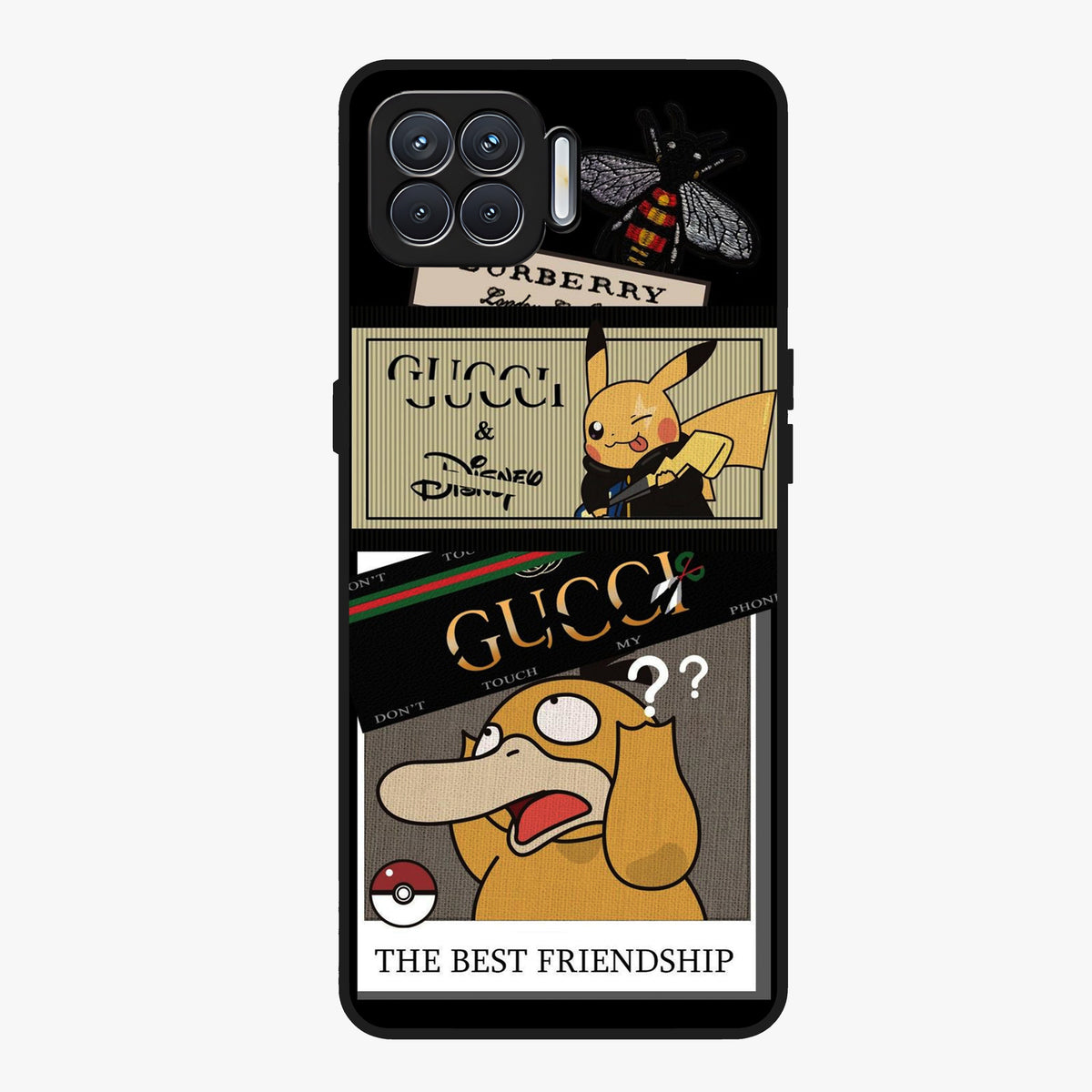 Gucci Play Mashup Glass Case showing flat back view with luxury inspired graphic artwork and glossy glass finish.