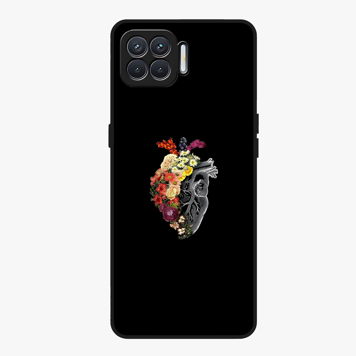 Heart With Flowers Glass Case showing flat back view with heart shaped floral artwork and glossy glass finish.