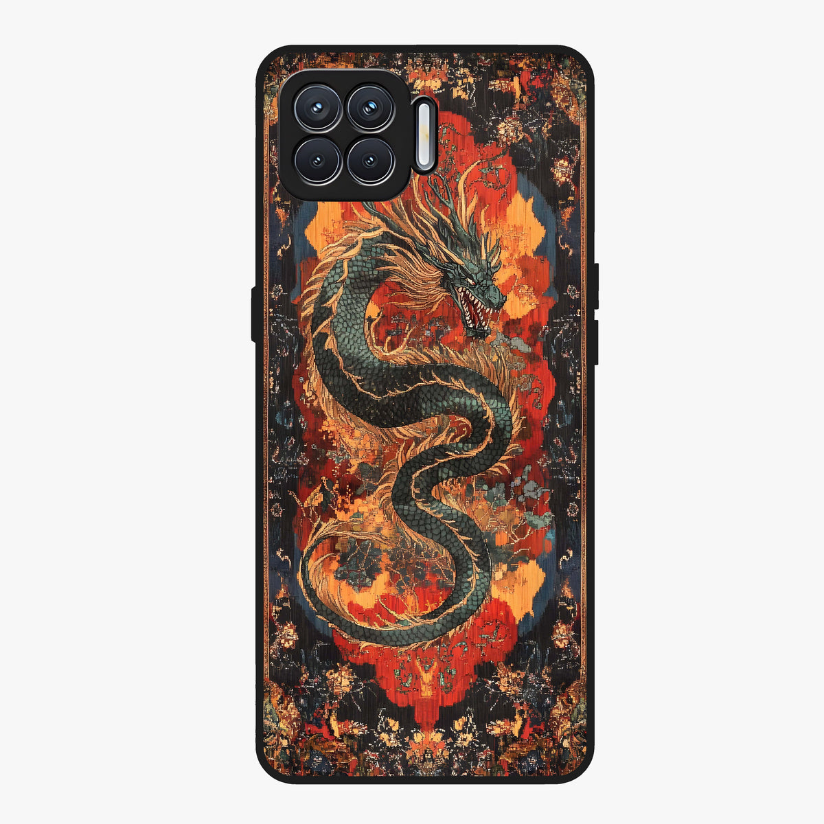 Inferno Dragon Soul Glass Case showing flat back view with fiery dragon artwork and glossy glass finish.