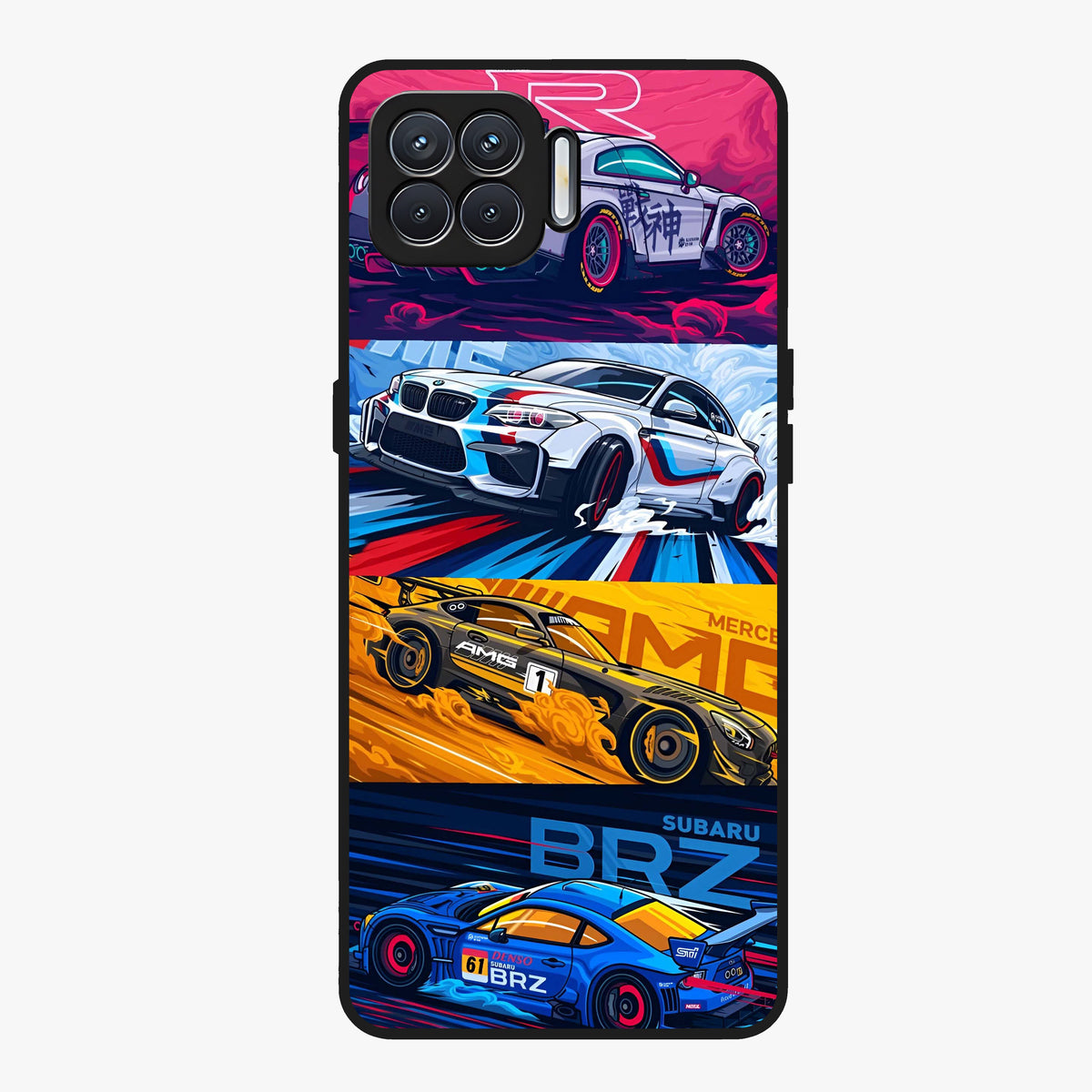 JDM Sports Car Glass Case showing flat back view with high performance sports car artwork and glossy glass finish.