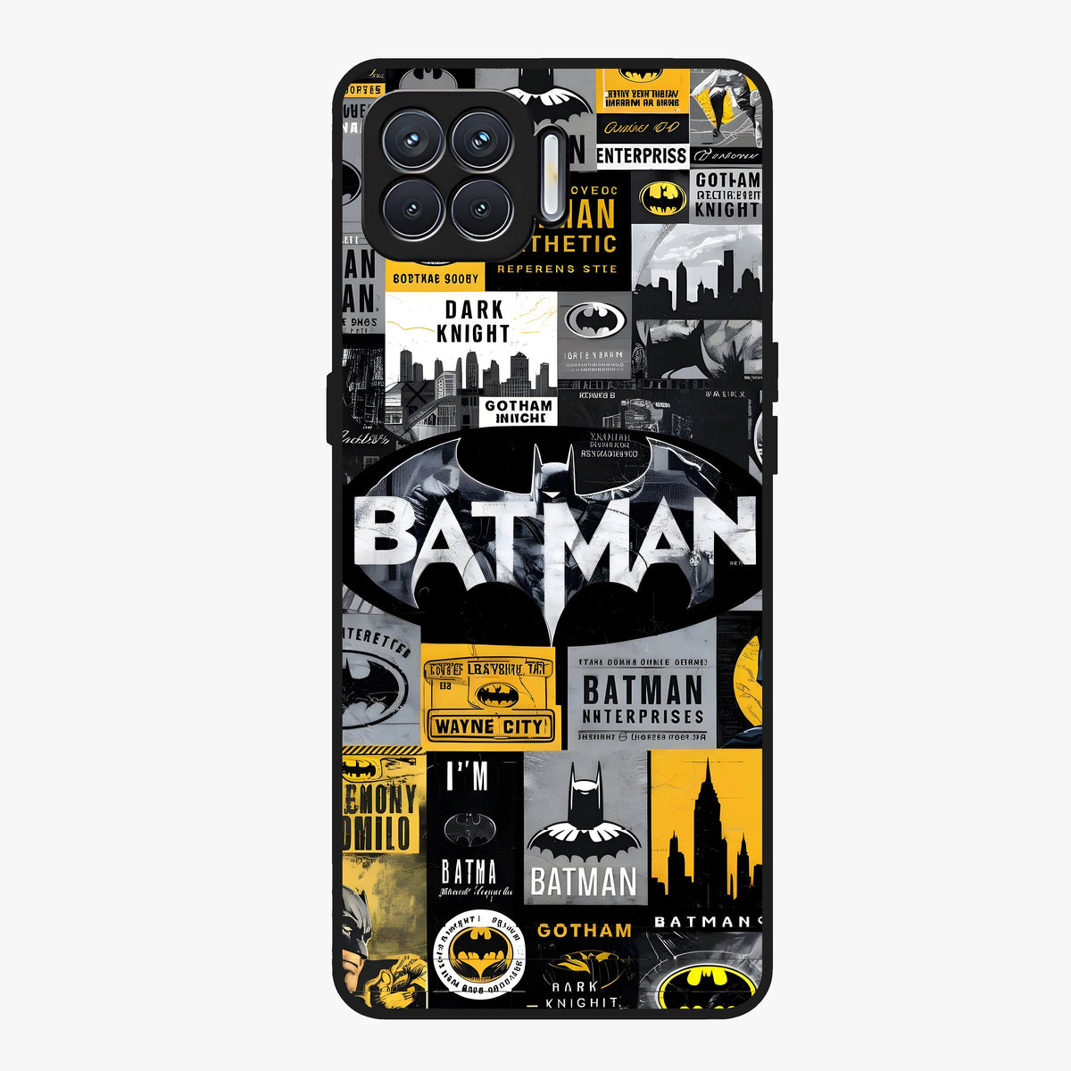 Knight Gotham Rise Glass Case showing flat back view with dark hero inspired artwork and glossy glass finish.