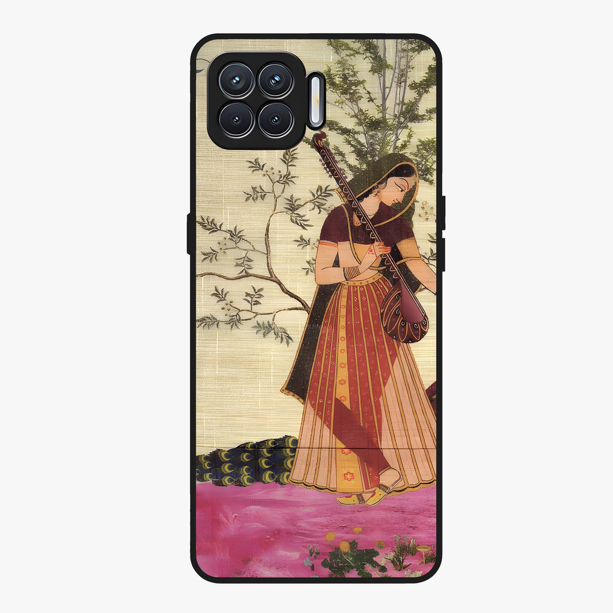 Lady With Veena Art Glass Case showing flat back view with elegant woman playing veena artwork and glossy glass finish.