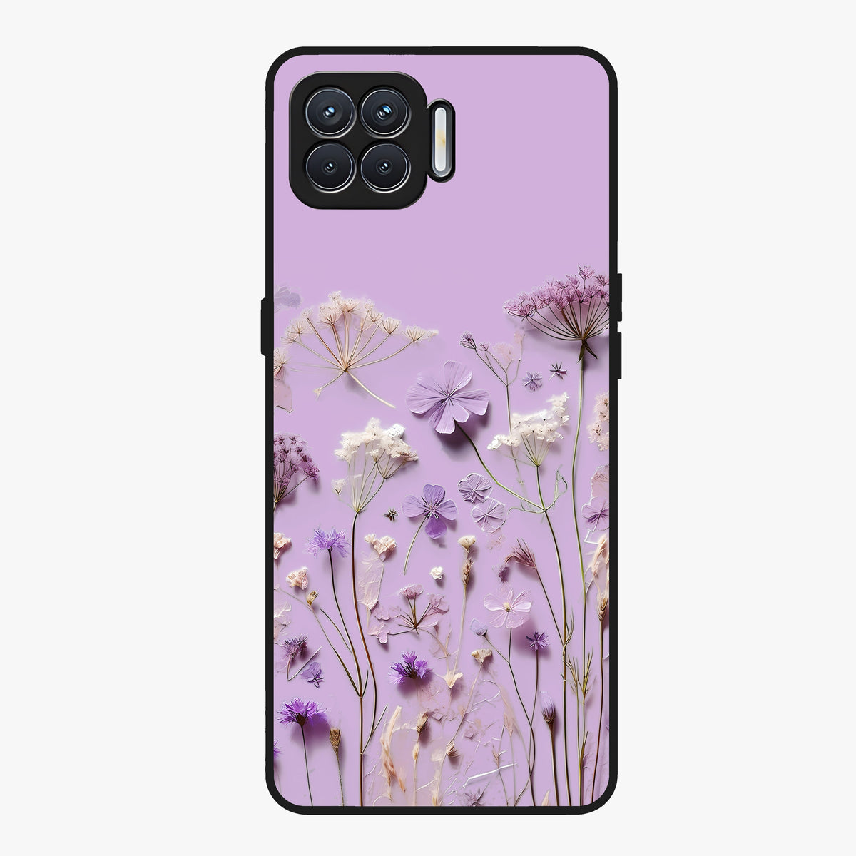 Lavender Blossom Dream Glass Case showing flat back view with soft lavender floral artwork and glossy glass finish.