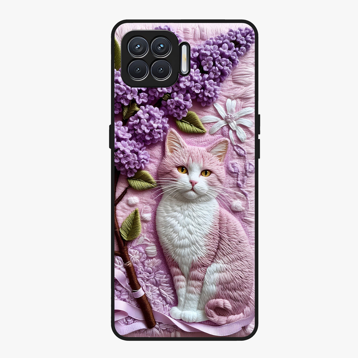 Lavender Cat Whimsy Glass Case showing flat back view with cute lavender cat artwork and glossy glass finish.